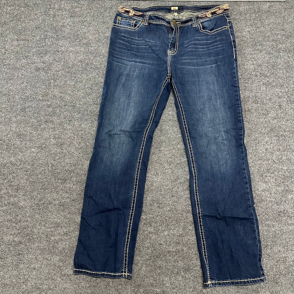 Reba Jeans Womens Size 14 Blue Dark Wash Fleur De Lis Embroidered Bootcut Denim